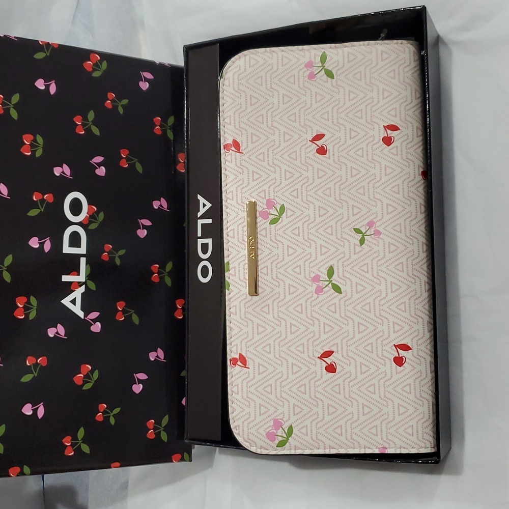 Aldo A monogram red pink heart shaped cherry stem zip around wallet new in box